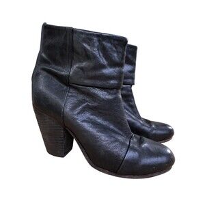 Rag & Bone Newbury Boots Women's 7.5 Black Leather Chunky Block Heel Zip Bootie